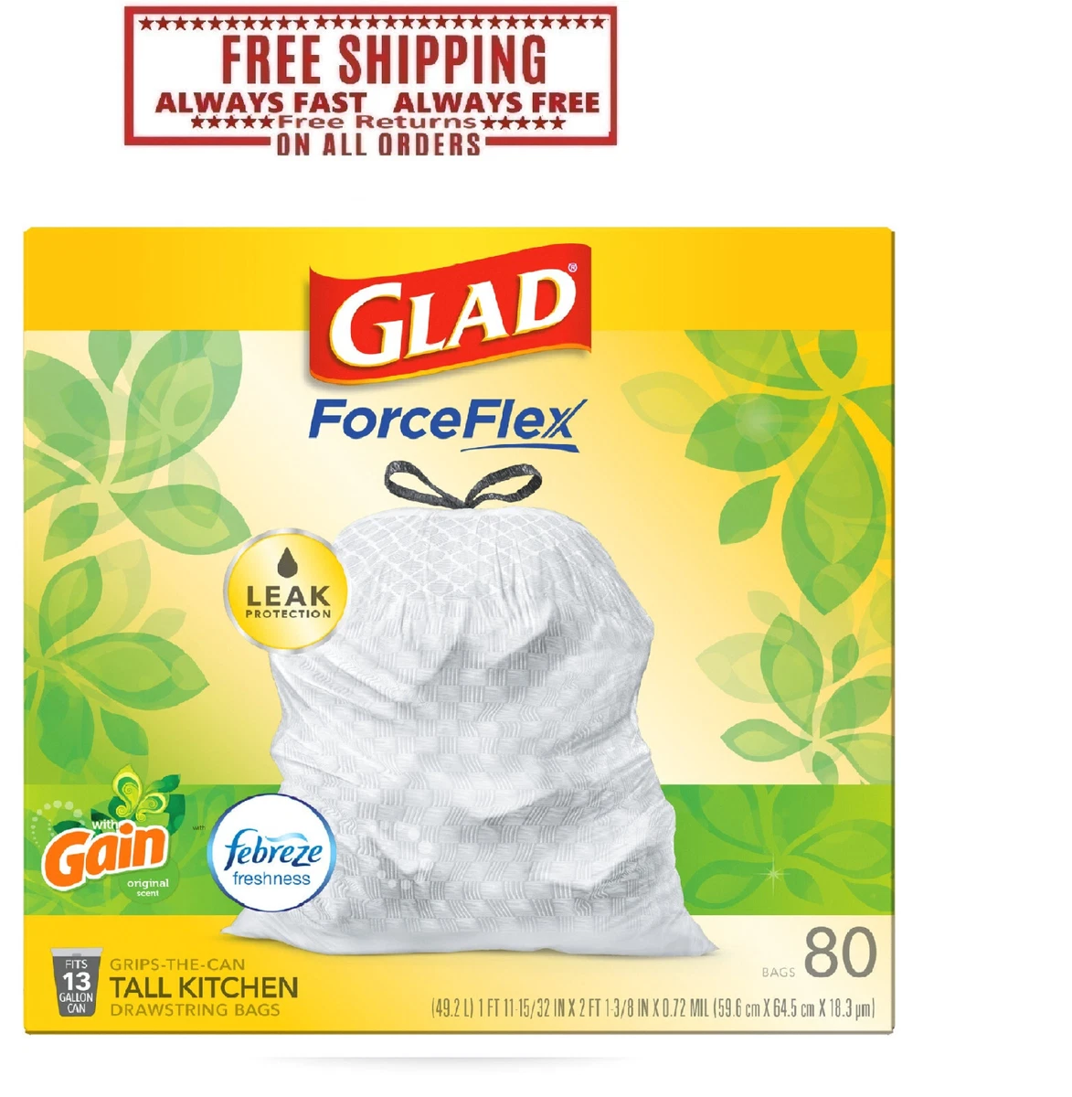 Glad ForceFlex Tall Kitchen Trash Bags, 13 Gallon, 80 Bags