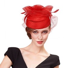 Red Fascinator Hat For Women Wedding Tea Party Dress Church Hats Women With Veil