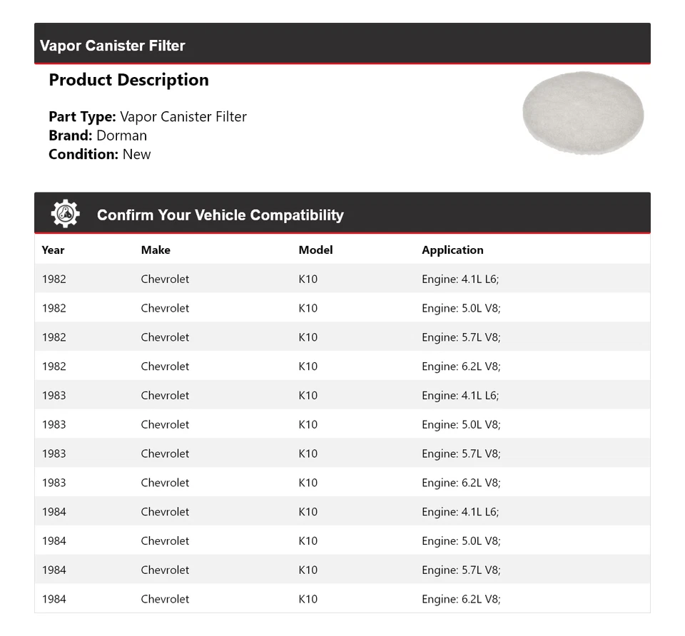 Filtro de bote de vapor 1983 para Chevrolet K10 Dorman 1982-1984 Foto 2 de 4