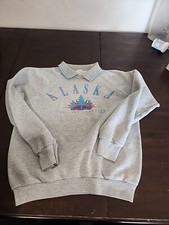 Vintage ALASKA 90s Sweatshirt big logo gray collared jumper Size L made in USA