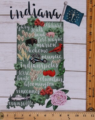 18.5'' X 44'' Panel Indiana State with Cities My Home State Cotton Fabric D665.33