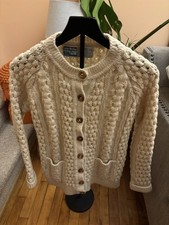 Vintage Large Cardigan Sweater 100 Wool Ireland Aran Fisherman Cable Knit Cream