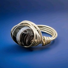 Silver-ToneWire Wrapped Lampwork Black White Glass Bead Ring Handcrafted Size 6