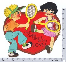 Large Vintage Valentine - Boy and Girl Play Tennis - Die Cut Carrington 1930's