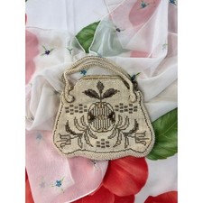 Vintage Czechoslovakia Micro Beaded Coin Purse Cream Bronze Floral Evening Bag