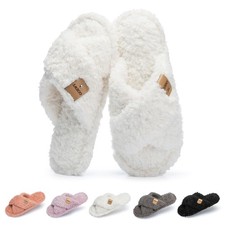 GOEWY Fuzzy Open Toe Slippers for Women Cozy Memory Foam House 7-8, White
