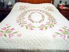Vintage Embroidery Quilt 82x95 Flowers Tulip Cross Stitch Hand Quilted Pink