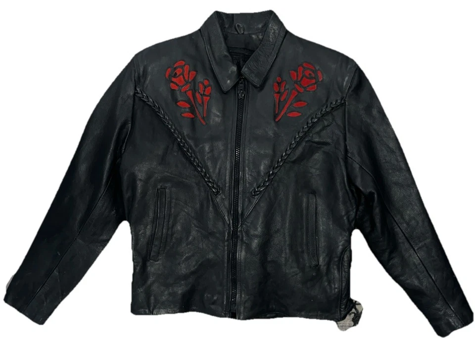 Vintage Black Leather Moto Jacket Women’s XL Fringe Lace-Up Rose Inlay Lined - Image 3 of 4