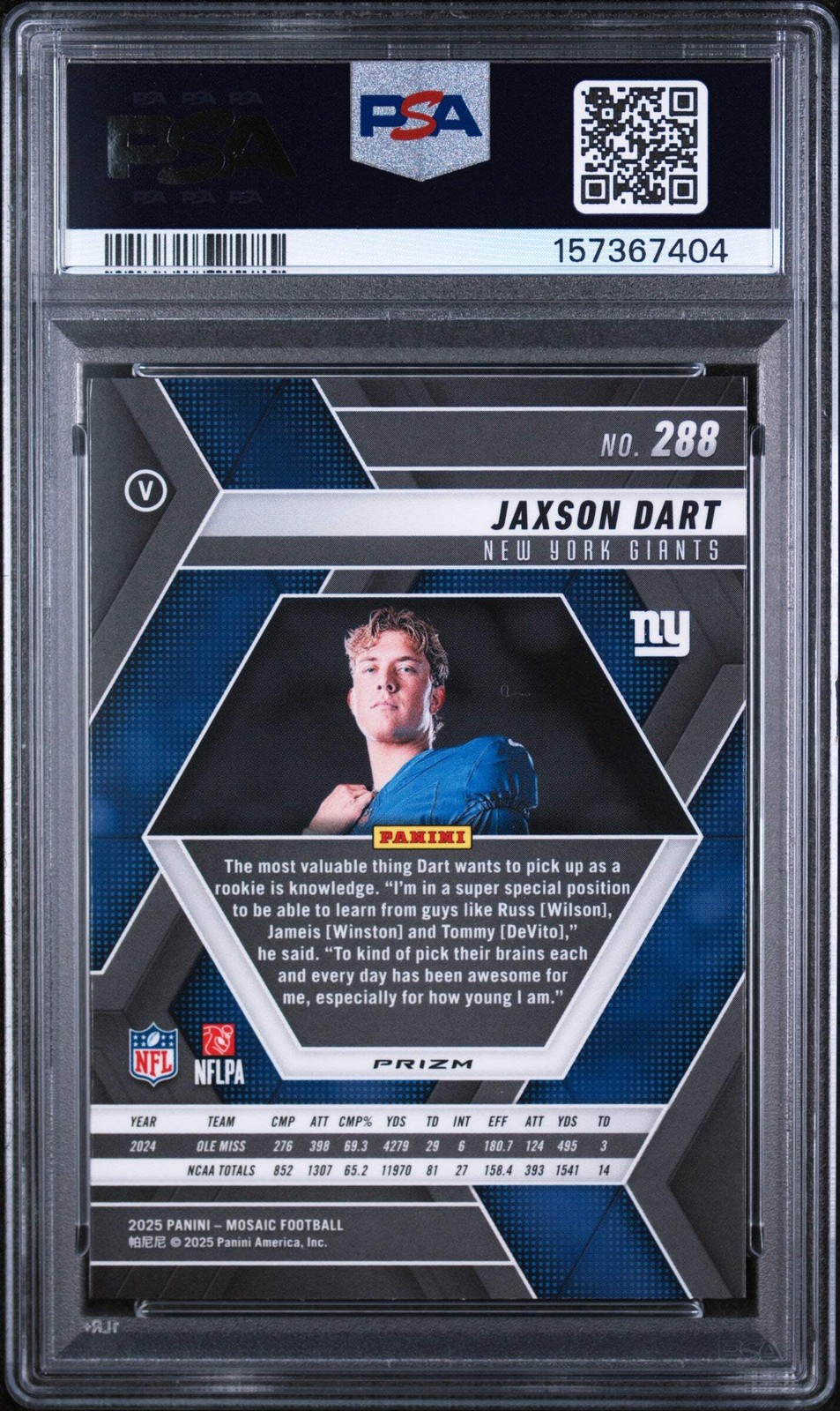 Graded 2025 Panini Mosaic Jaxson Dart #288 Green Rookie RC Football Card PSA 10 view 2