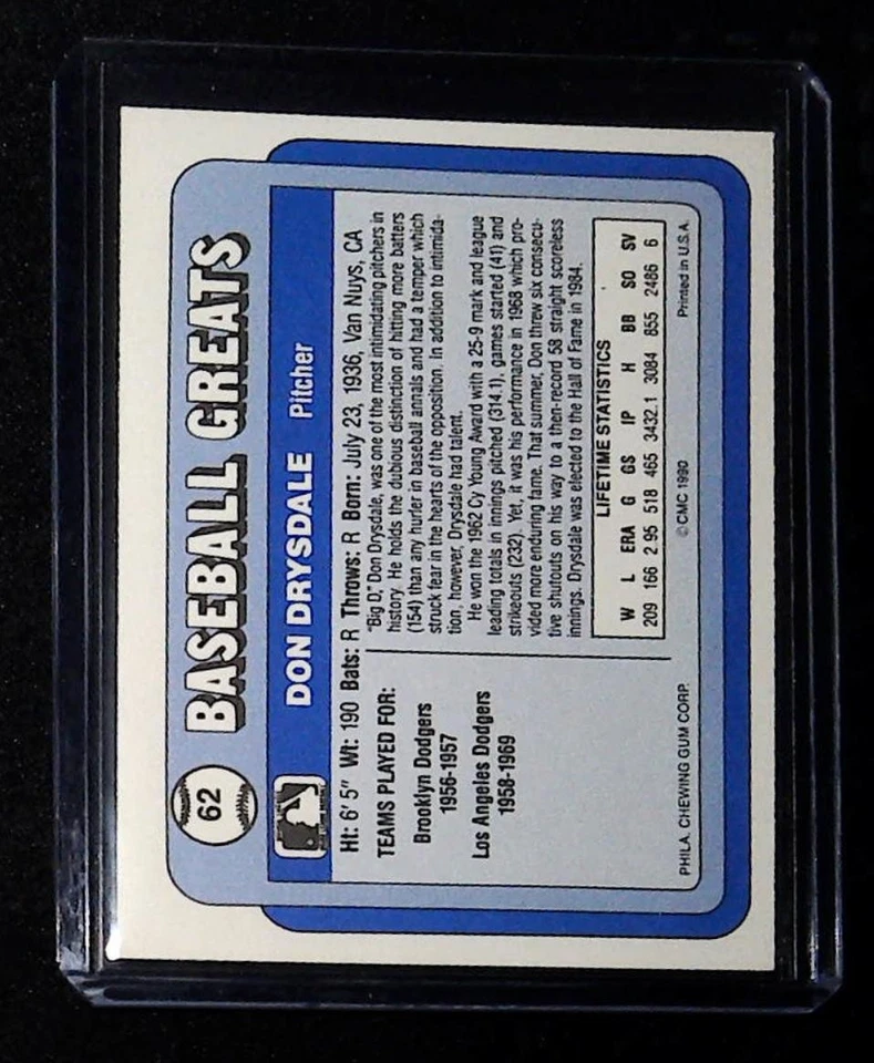 1990 Swell Baseball Greats #62 Don Drysdale - Image 2 of 2