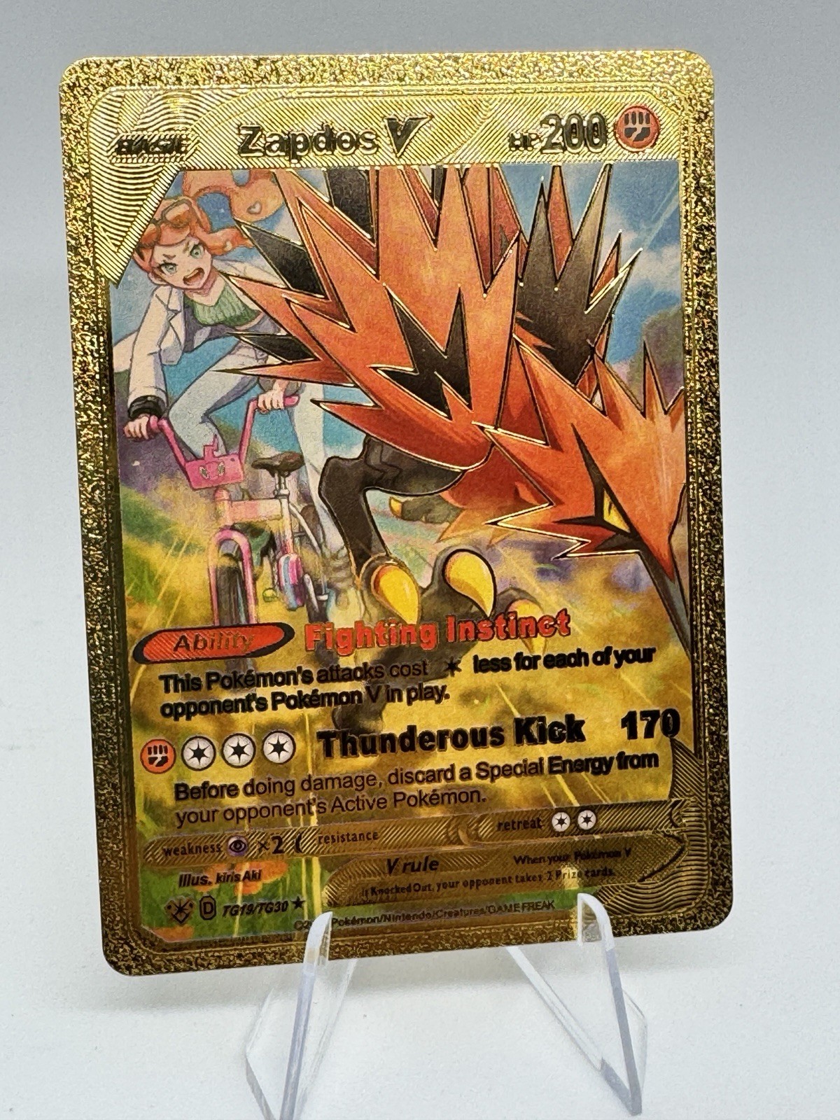 Pokemon Zapdos V Gold Foil Fan Art Textured Collector Card HP200 TG19/TG30 