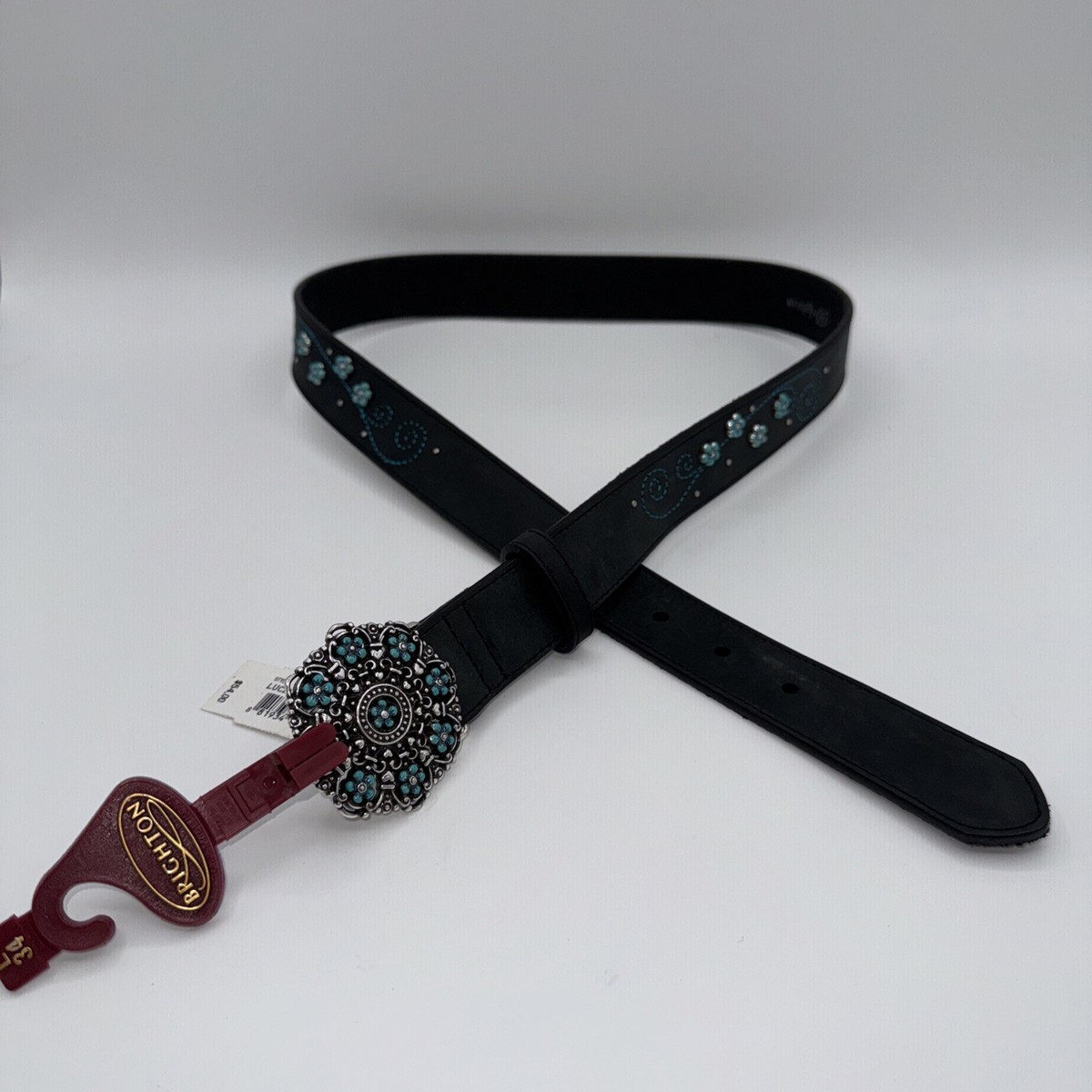 Brighton Embroidered Leather Western Belt Womens 34 Black Silver Buckle | Boho Vintage 1990 main image 2