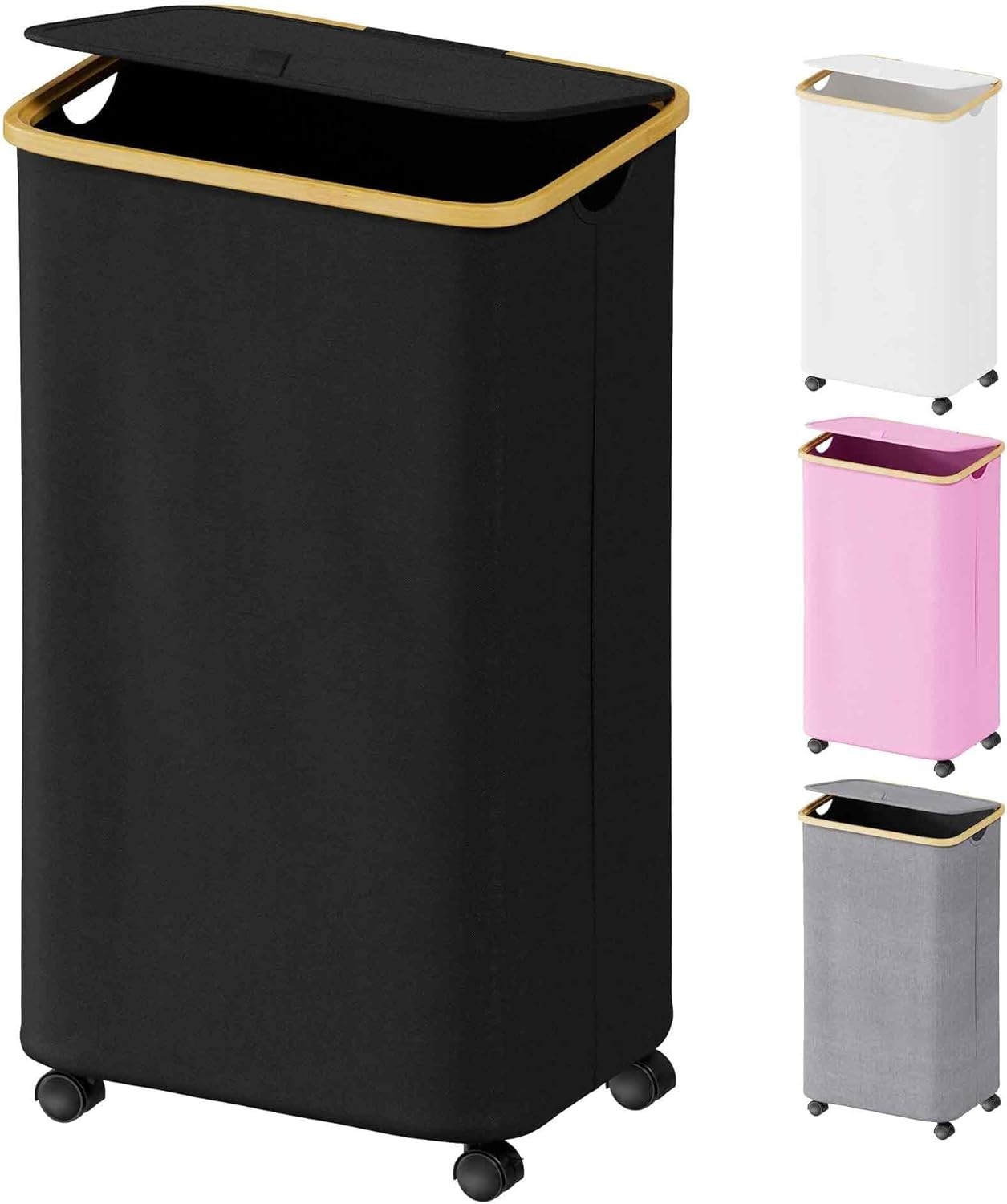 Laundry Hamper on Wheels 100L,Clothes Basket,Lid and Bamboo Handles,Foldable..-image