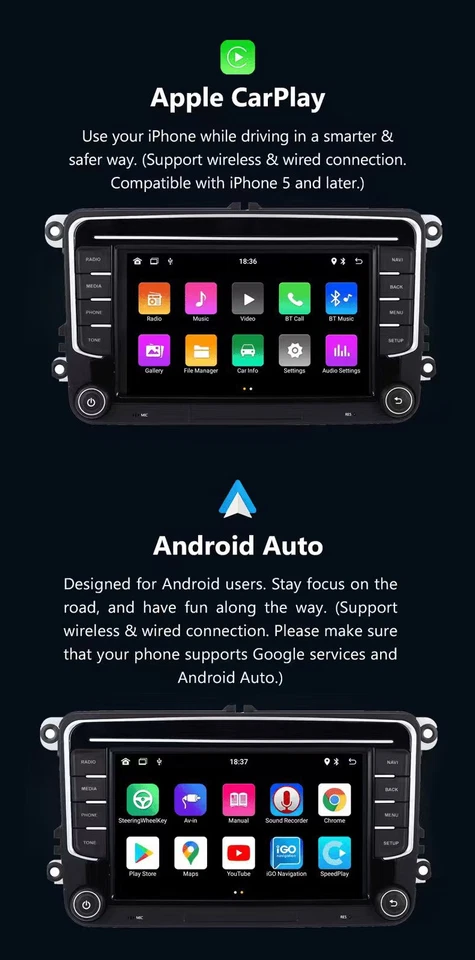 7" Stereo CarPlay for VW SKODA SEAT Head Unit GPS Radio Navi RDS BT 4 Core 4+32G - Image 4 of 4