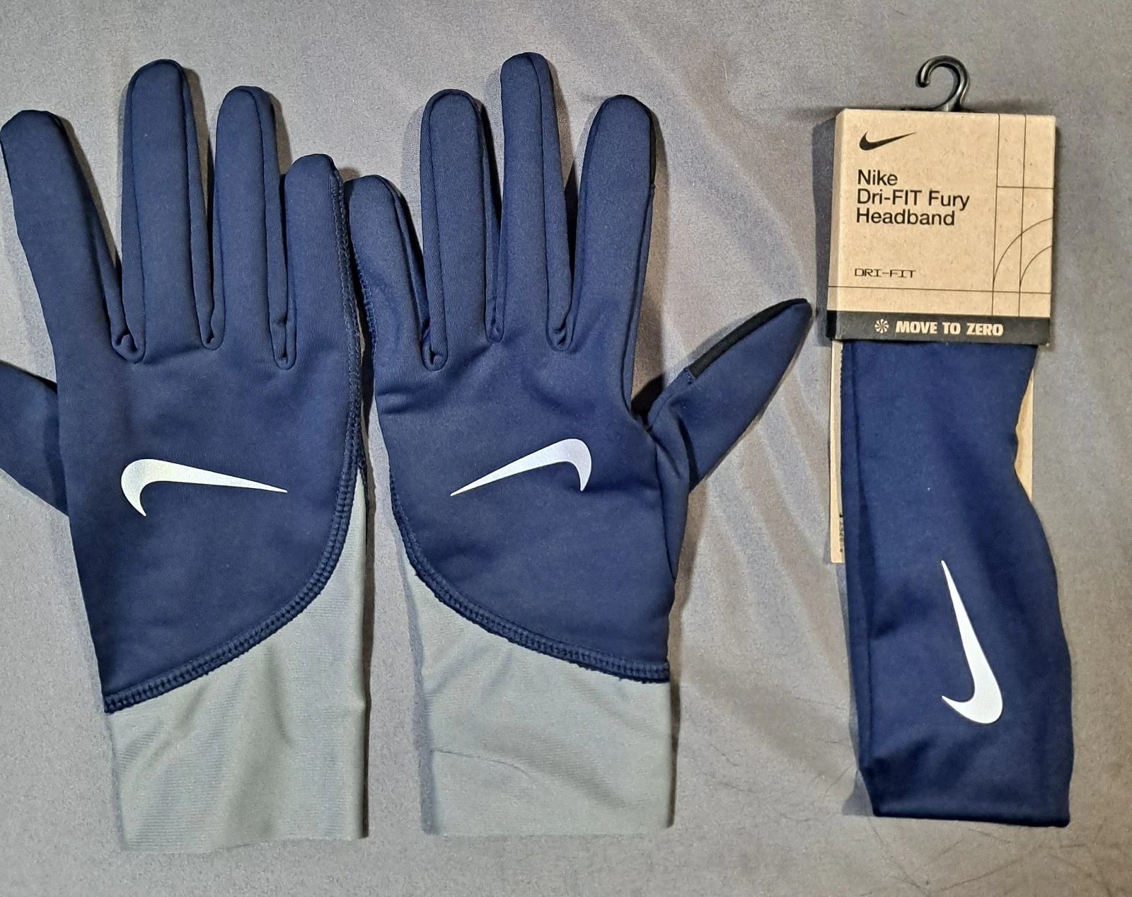 Nike Running Gloves Dri-FIT Fury Headband Set Navy Blue M/L New Unisex Athletic