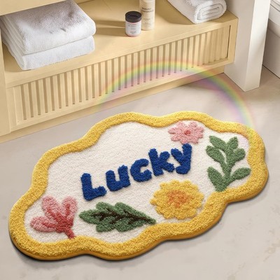 Cloud Shaped Lucky Bath Mat, Non-Slip Fluffy Floral Doormat with Blue Letter,...