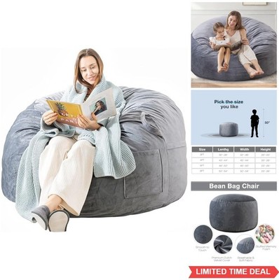 Bean Bag Chair 3 Foot Memory Foam Filled Soft Velvet Cover with Pocket Handle
