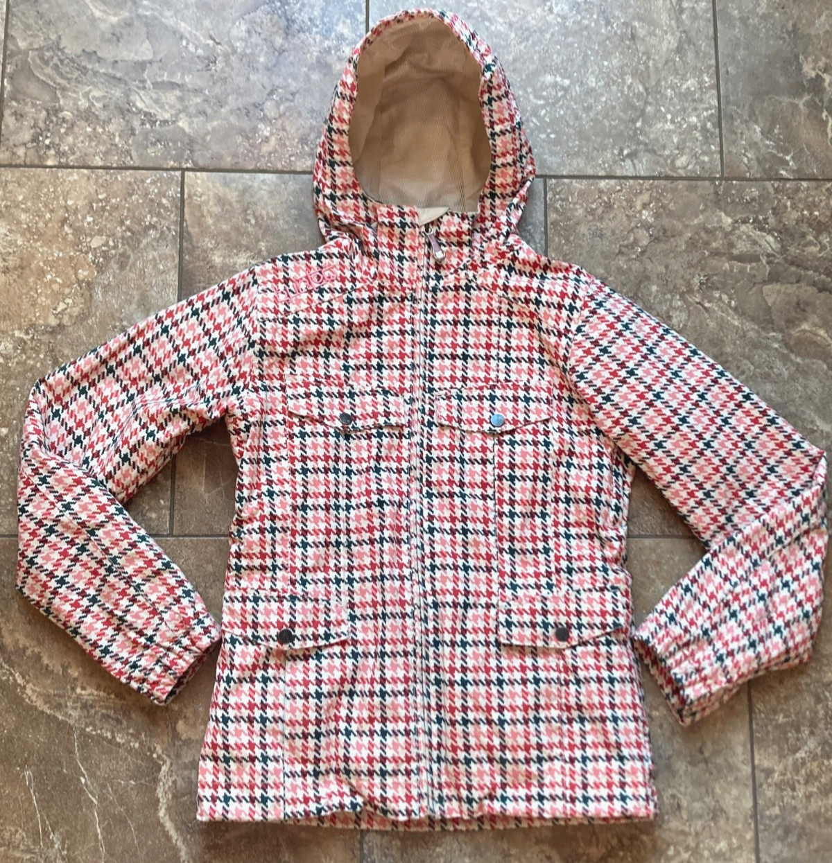 Burton Ski Jacket Women's XS Snowboarding Nylon Houndstooth Red/Green/Ivory Snow