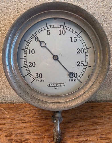 LARGE LONERGAN Vacuum/Pressure Gauge w/shutoff Steampunk 8 5/8" Antique Vintage