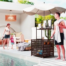 Wicker Pool Float Storage Organizer, PE Rattan Pool Float Holder with Basket Sh