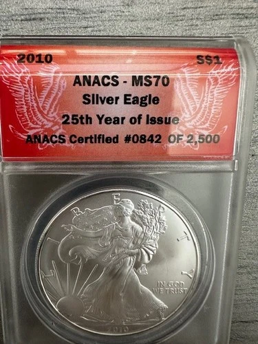 2010 American Silver Eagle MS70 25th Year of Issue ANACS  -  rare 842 of  2,500