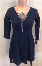 XHILARATION, Size XS, Navy Blue, Heavy Lace Lined Dress, w/Lace-Up Neckline. NEW