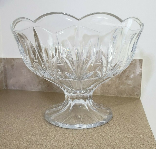 Vintage Clear Crystal Glass Fruit Bowl Pedestal Footed Etched Cut