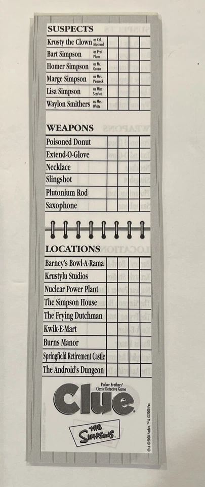 2000 The Simpsons Clue by Parker Brothers REPLACEMENT PARTS - Board + Pad - Image 3 of 3