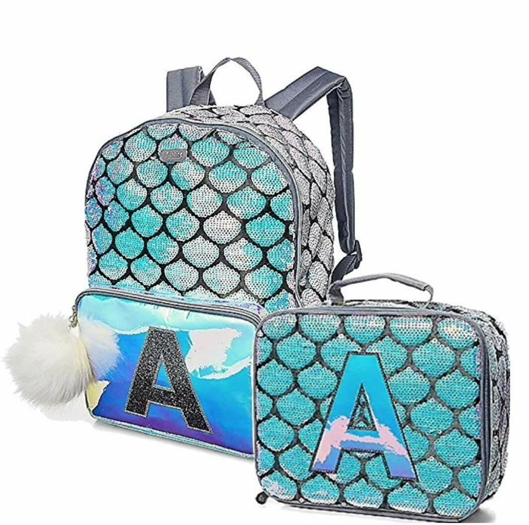 Justice Girls Flip Sequins Mermaid Scales Initial School Backpack Lunch Box  Set