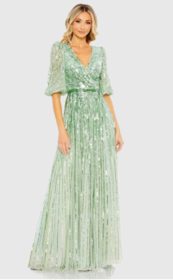 MAC DUGGAL 5509 SEQUINED WRAP OVER 3/4 SLEEVE SAGE GOWN  sz 16
