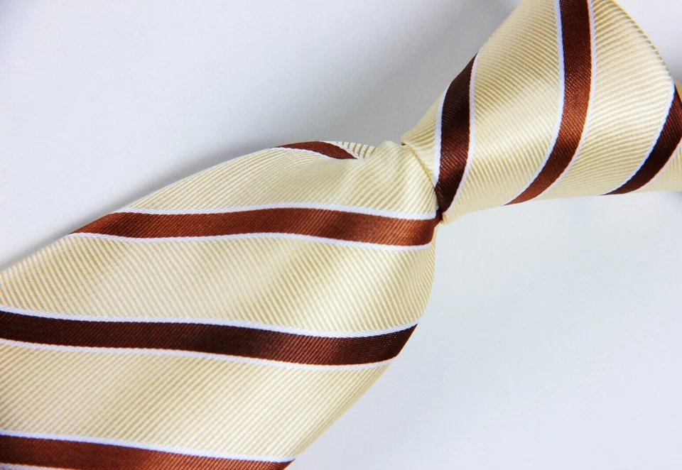 Nueva Corbata Clásica Rayas Beige Marrón JACQUARD TEJIDA 100% Seda Para Hombre Foto 2 de 4