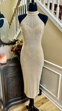Elegant Crystal Studded Halter Top Midi Evening Party Dress Size M Nude Color