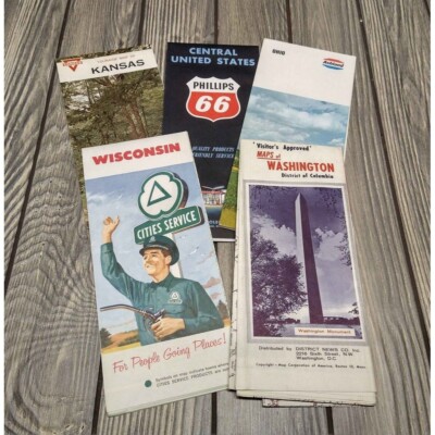 5 Vintage 1960's Road Maps Ephemera  Washington DC Ohio Wisconsin Kansas L14