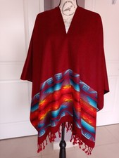 Artisanal Andean Poncho Unisex One Size REVERSIBLE Red Black High Quality Fringe