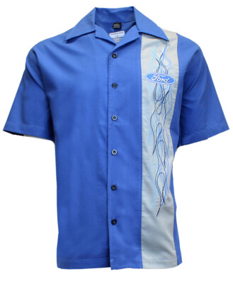 Ford Flames Blue Button Down Club Shirt Official Licensed - Embroidered Logo