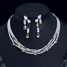 Multicolor CZ Multilayer Drop Necklace Earring Costume Silver Plated Jewelry Set