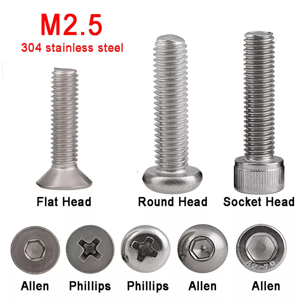 M2.5 Flat Head / Round Head / Socket Head Screws Phillips / Allen Key  Stainless