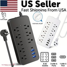 US Power Strip Surge Protector 8 AC Outlets 3 USB Ports  Type C Port 4 FT Cable
