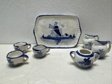 Miniature Delft Blue Style Tea Set 7 pc Tiny Porcelain Windmill Dollhouse K3