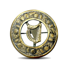 :Scottish Highland Kilt Fly Plaid Brooch Thistle Harp badge in an Brass Antique