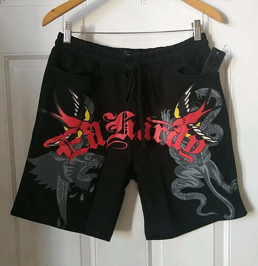 ED HARDY MEN'S BLACK FLEECE TATTOO PRINT SWEAT SHORTS, SIZE S