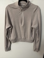 Danskin Half Zip Cropped Long Sleeve Size Med Taupe Gray Zip Pocket Thumb Holes