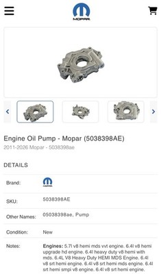 NEW Genuine Mopar 05038398AE Engine Oil Pump Jeep Dodge RAM 5.7L 6.4L V8 HEMI
