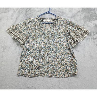 Max Studio Top Womens L Blue Yellow Floral Ruffled Short Sleeve Tie Neck Blouse