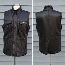 Vintage 90s y2k Black Lambskin Leather Cotton Insulated Zip Biker Moto Vest 8