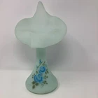 Fenton Handpainted Blue Roses on Blue Satin Glass 11 Inch Tulip Vase. Signed