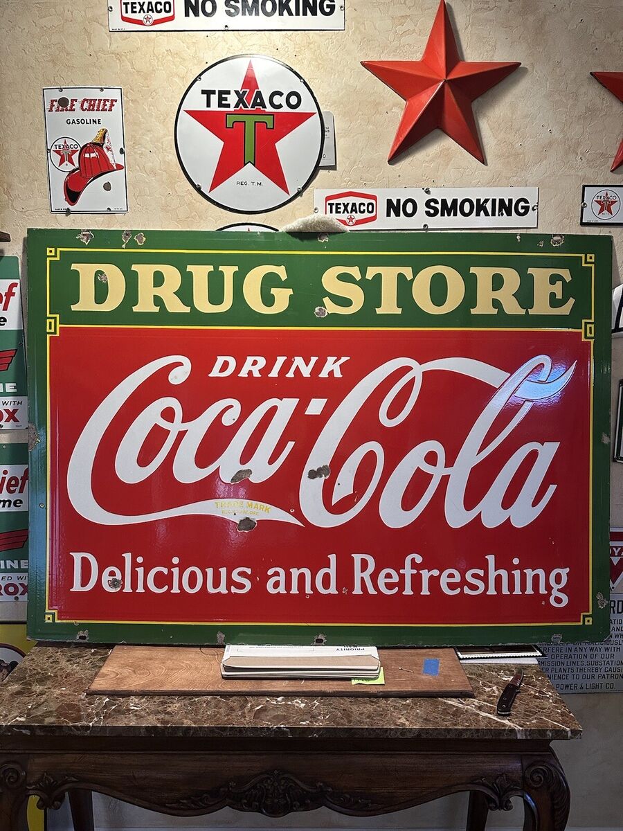 LARGE ORIGINAL '' DRINK COCA - COLA'' DOUBLE SIDED PORCELAIN LARGE ORIGINAL '' DRINK COCA - COLA'' DOUBLE SIDED PORCELAIN