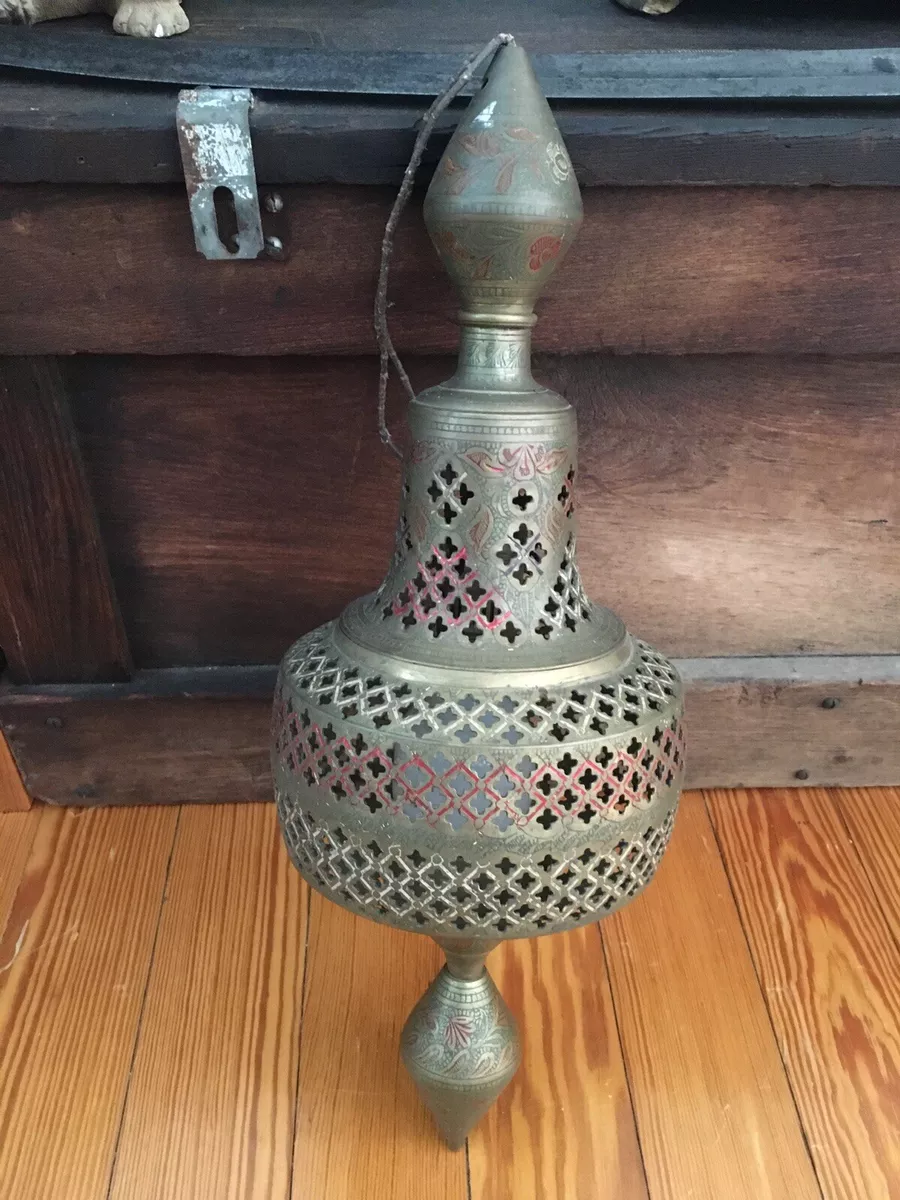 Vintage Moroccan Pierced Brass Pendant Hanging Lantern Light Turkish Fixture