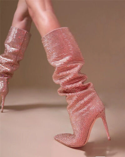 Womens Rhinestones Knee High Heel Boots Fashion Clubwear Long Glitter Shoes Lady - Picture 24 of 25
