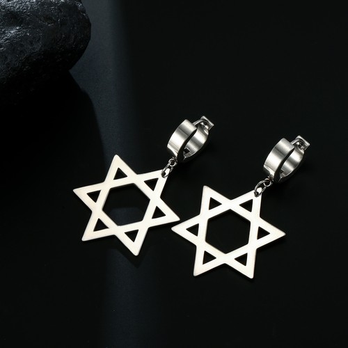Star of David Pendant Earrings Circle Drop Earring Stainless Steel Clip Vintage - Picture 2 of 11